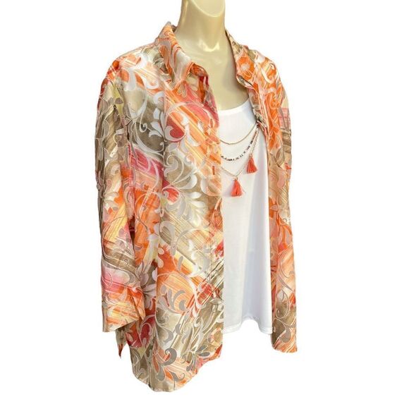 Alfred Dunner Sheer Cutout Blouse Shell Removable Gold Tassel Tiered Necklace - Picture 1 of 16